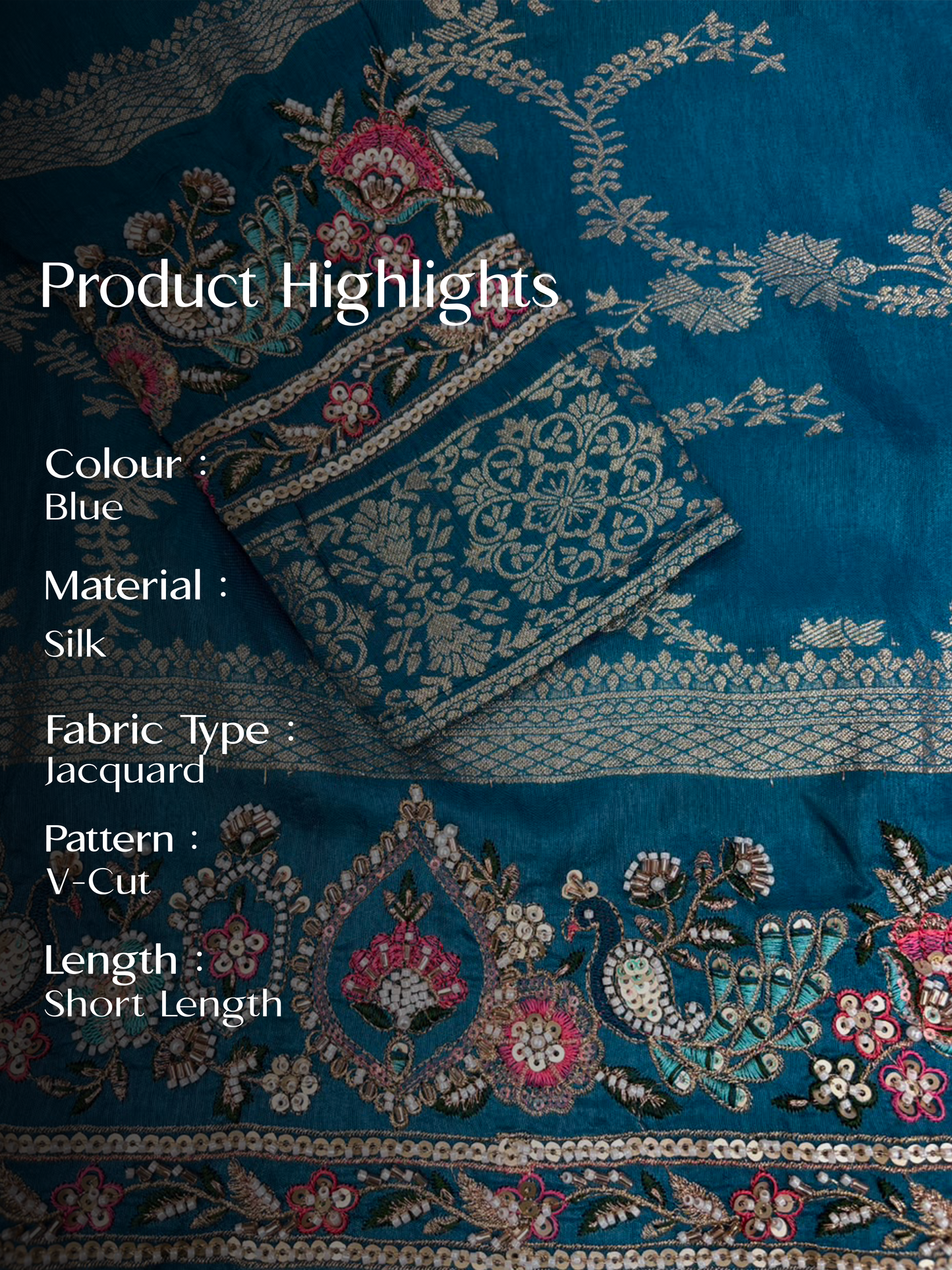 Blue Jacquard Silk Short Kurta Set with Multicolour Embroidery & Bead Work