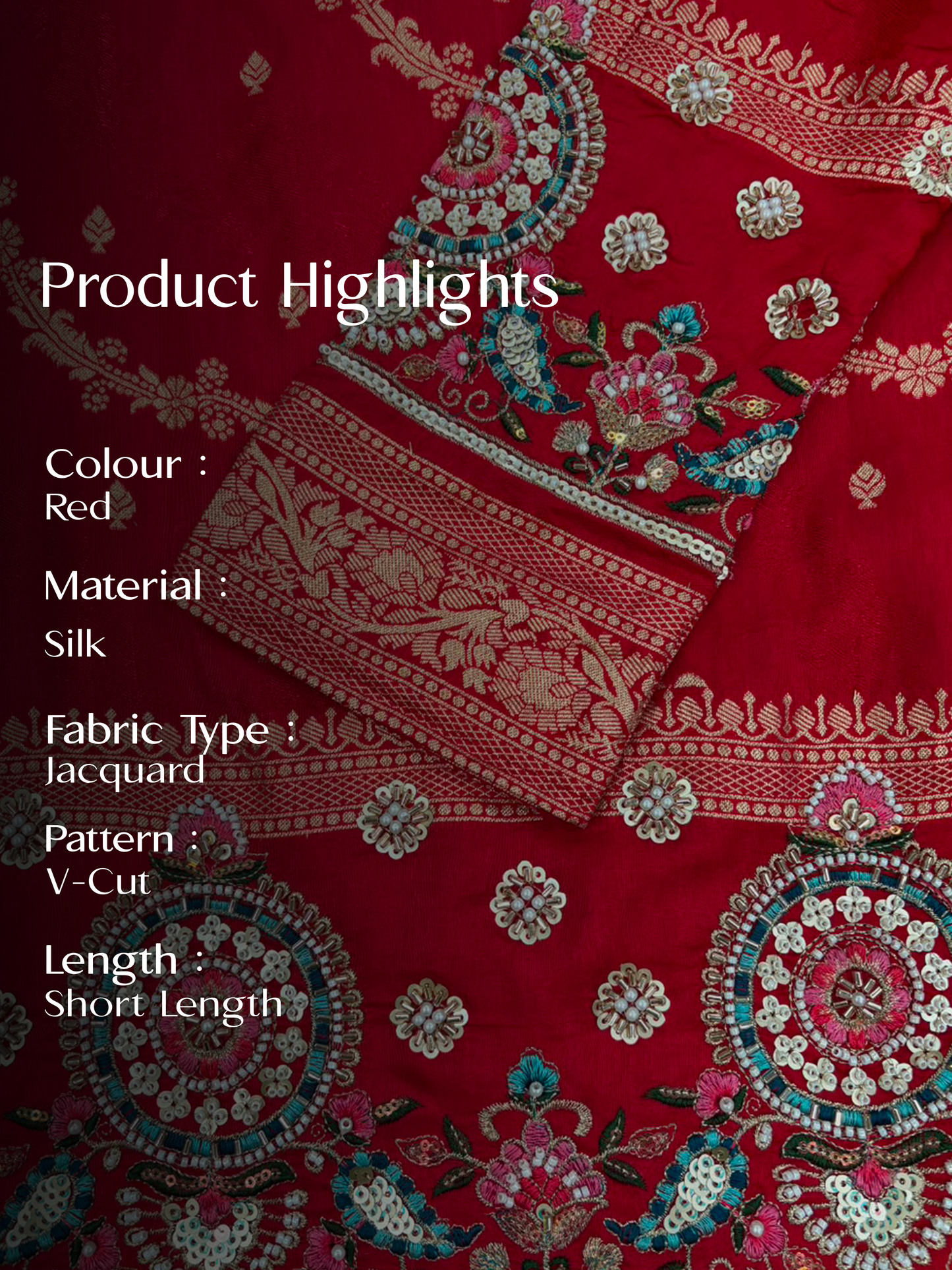 Red Jacquard Silk Short Kurta Set with Multicolour Embroidery & Bead Work