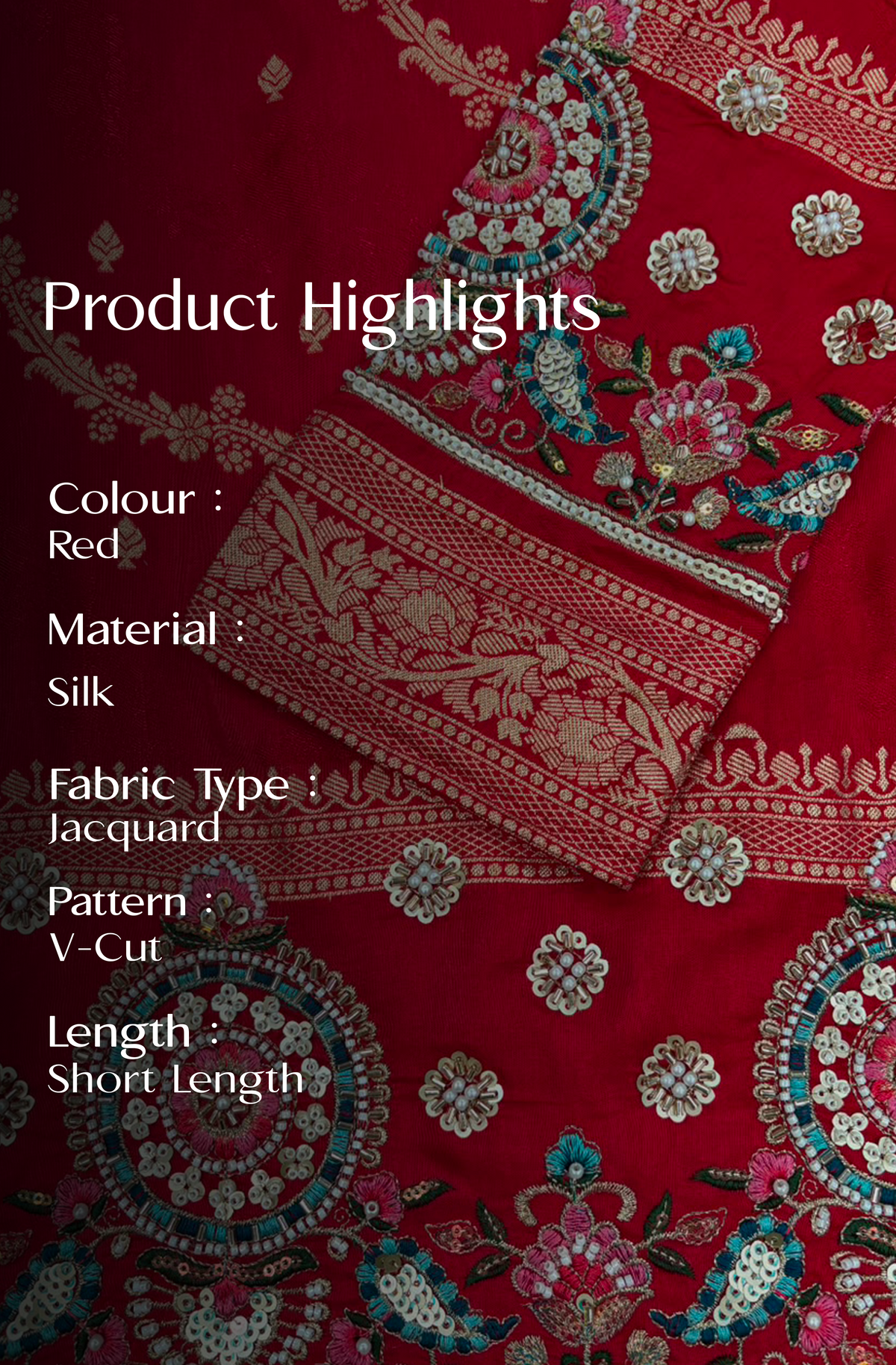 Red Jacquard Silk Short Kurta Set with Multicolour Embroidery & Bead Work