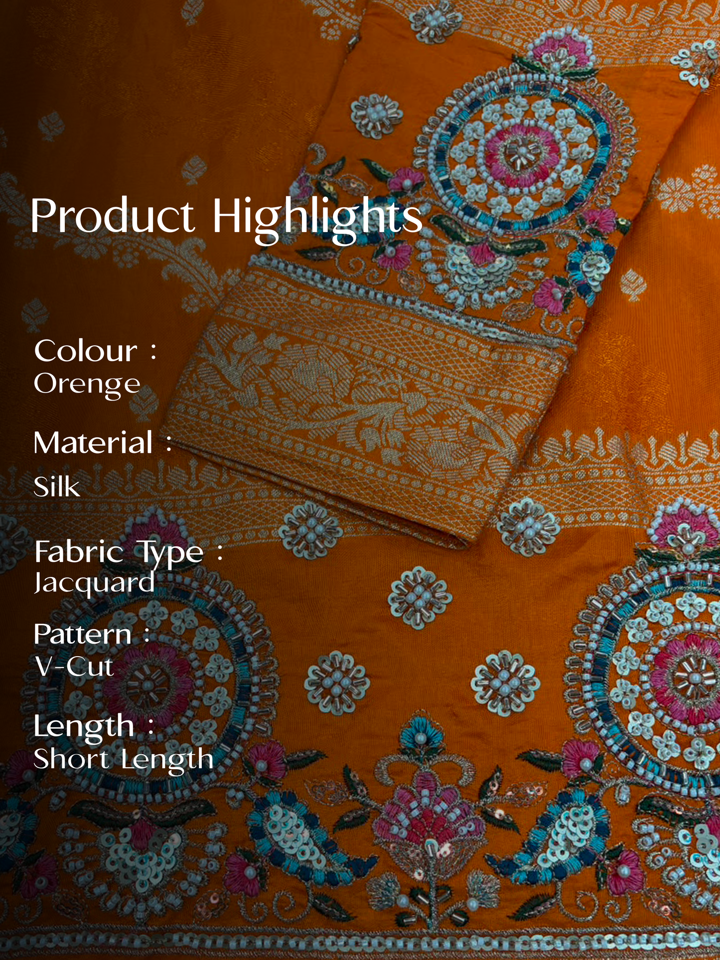 Orange Jacquard Silk Short Kurta Set with Multicolour Embroidery & Bead Work