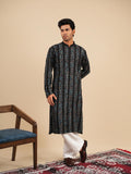 Men's Black Kurta Set in Rayon with Fine Embroidery