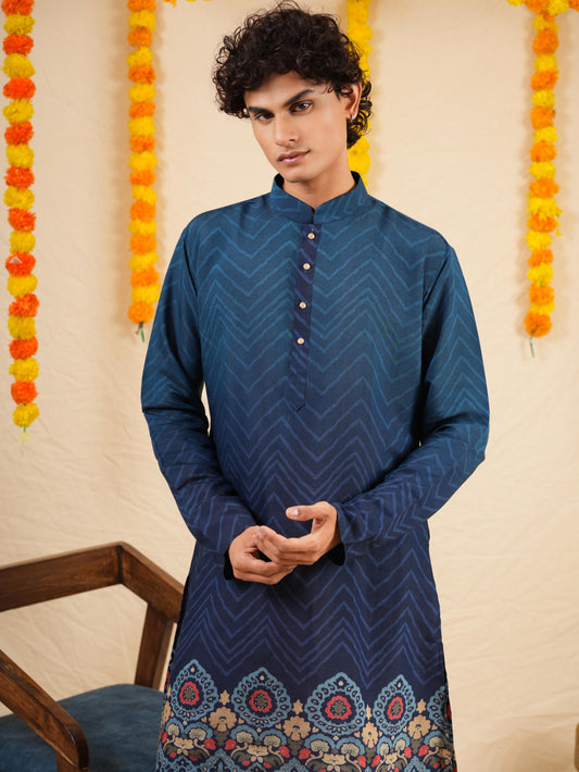 Men's Blue Cotton Blend Digital Print Kurta Set