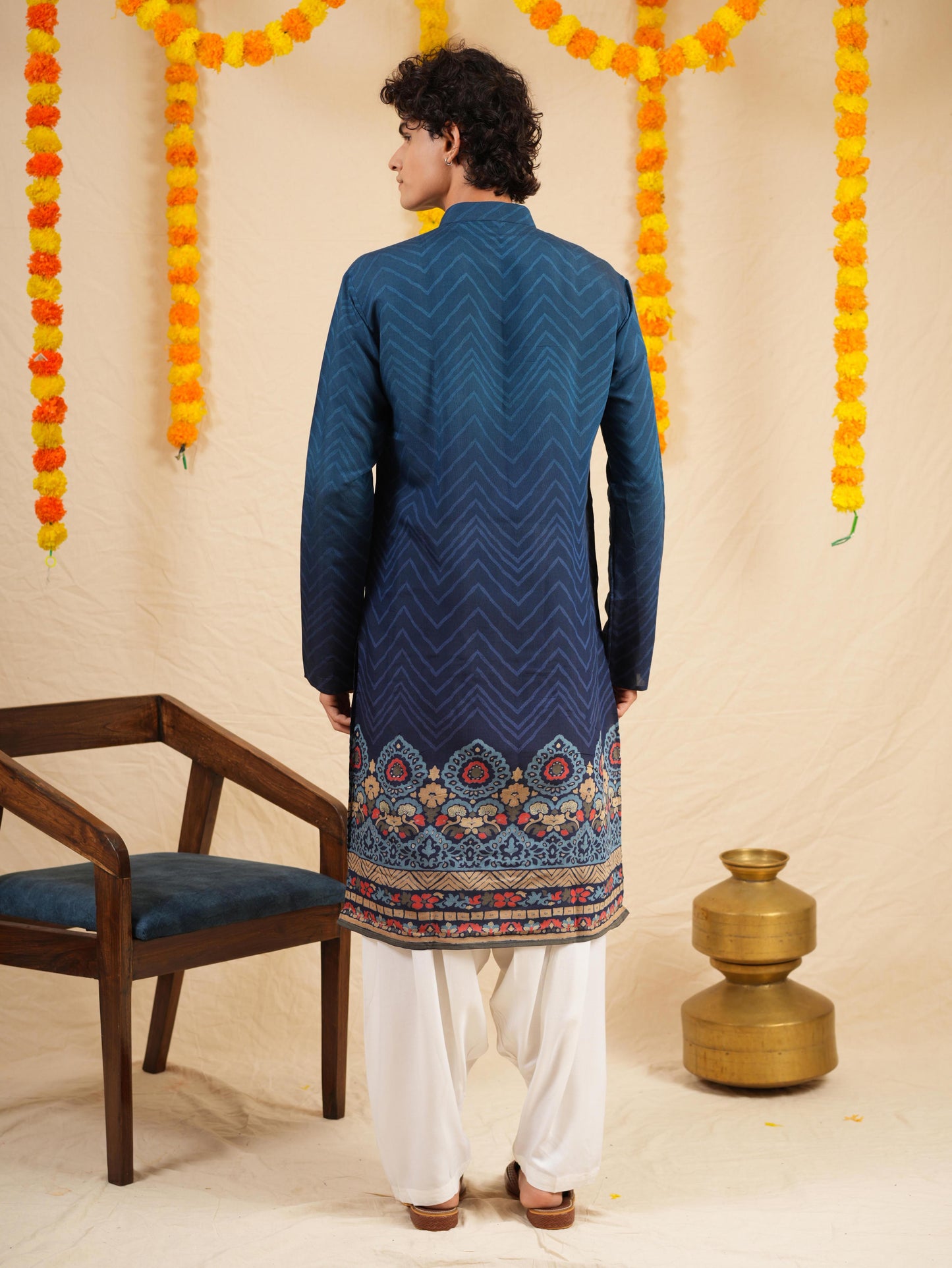 Men's Blue Cotton Blend Digital Print Kurta Set