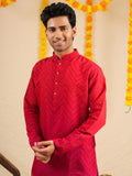 Men's Red Cotton Blend Digital Print Kurta Set