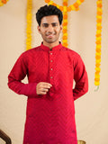 Men's Red Cotton Blend Digital Print Kurta Set