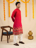 Men's Red Cotton Blend Digital Print Kurta Set