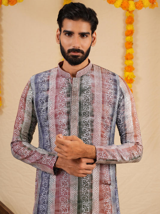 Men’s Multicolour Rayon Kurta Set with Tie-Dye Effect