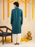 Men’s Deep Teal Rayon Kurta Set with Sequins & Thread Work Embroidery