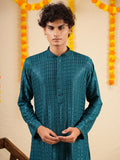 Men’s Deep Teal Rayon Kurta Set with Sequins & Thread Work Embroidery