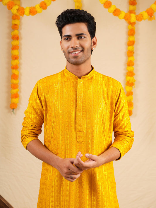 Menβs Mustard Rayon Kurta Set with Sequins & Thread Work Embroidery