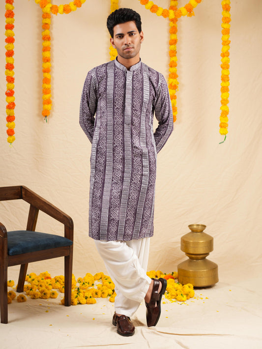 Menβs Lavender Rayon Kurta Set with Batik Print & Embroidery