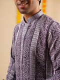 Men’s Lavender Rayon Kurta Set with Batik Print & Embroidery