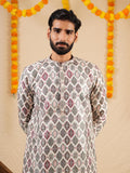 Men's Multicolour Jacquard Digital Print Kurta Set with Swarovski Placket Detailing