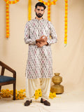 Men's Multicolour Jacquard Digital Print Kurta Set with Swarovski Placket Detailing