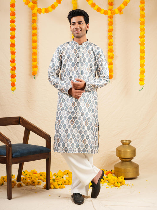 Men's Multicolour Jacquard Digital Print Kurta Set with Swarovski Detailing