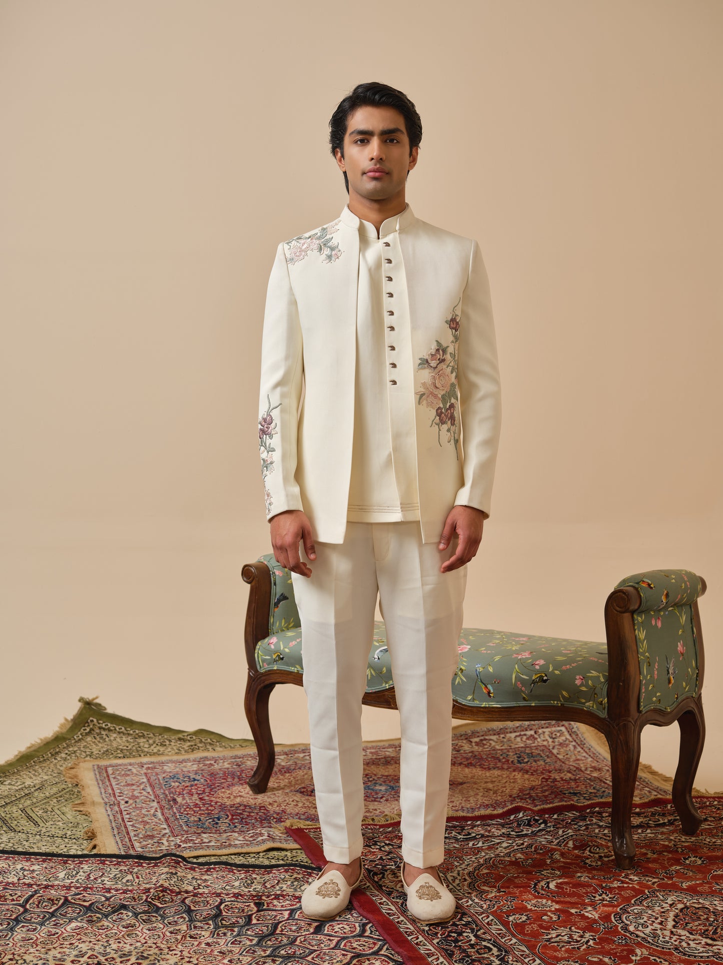 Ivory Cream Premium Open Jodhpuri with Floral Appliqué & Diamond Highlights