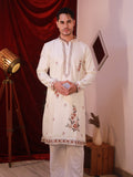 Men's Off-White Silk Kurta Set with Floral Threadwork Embroidery