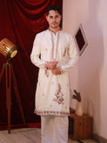 Men's Off-White Silk Kurta Set with Floral Threadwork Embroidery