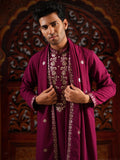 Men's Wine Georgette Foil Work Kurta Set with Dupatta