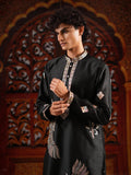 Men's Black Satin Silk Kurta with Golden Zari & Multicolour Embroidery Set