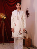 Men's Off-White Silk Kurta Set with Floral Threadwork Embroidery