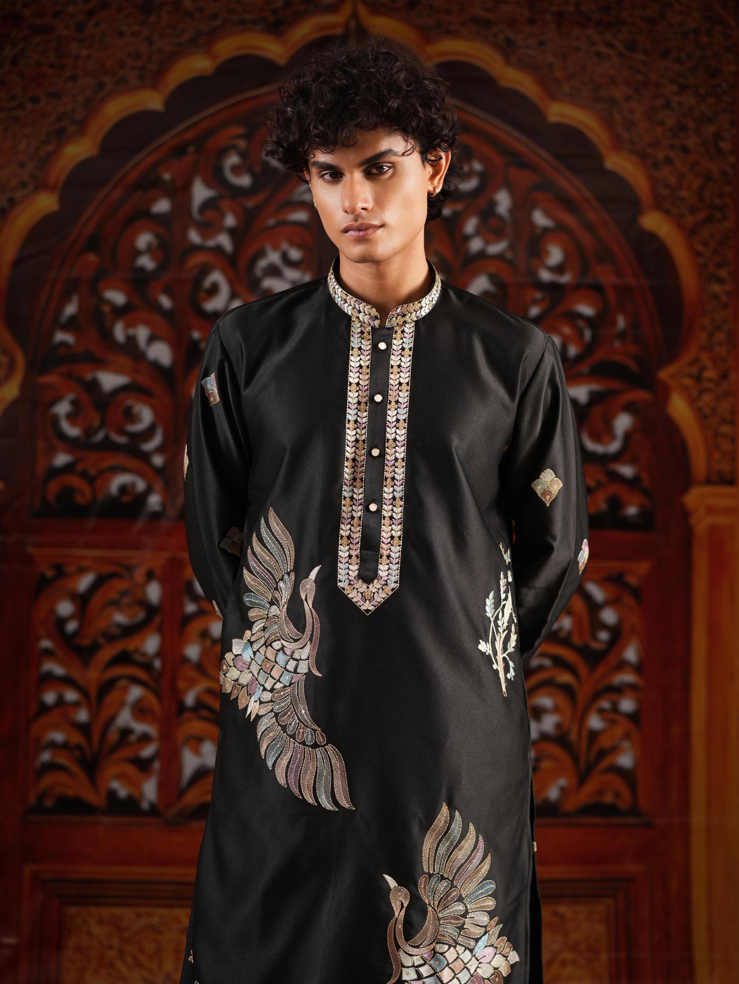 Men's Black Satin Silk Kurta with Golden Zari & Multicolour Embroidery Set