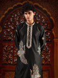 Men's Black Satin Silk Kurta with Golden Zari & Multicolour Embroidery Set