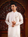Men’s Off-White Linen Blend Kurta Set with Digital Print & Swarovski Work