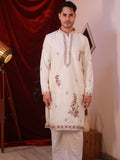Men's Off-White Silk Kurta Set with Floral Threadwork Embroidery