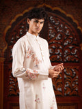 Men’s Off-White Linen Blend Kurta Set with Digital Print & Swarovski Work