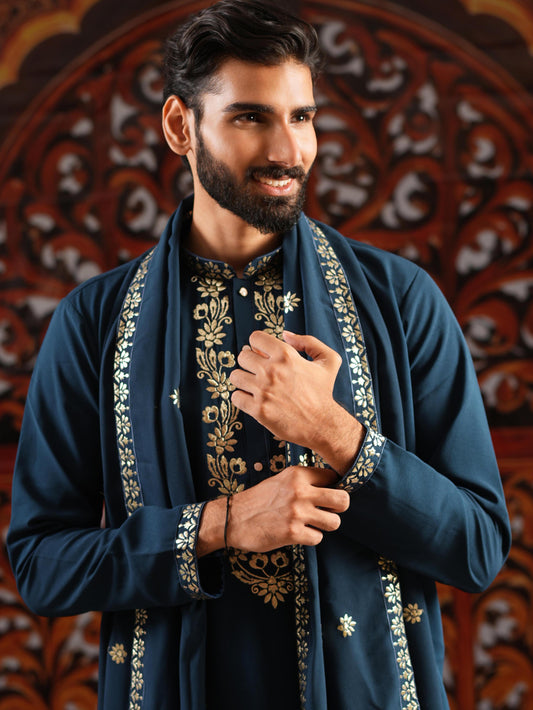Men's Blue Georgette Foil Work Kurta Set with Dupatta