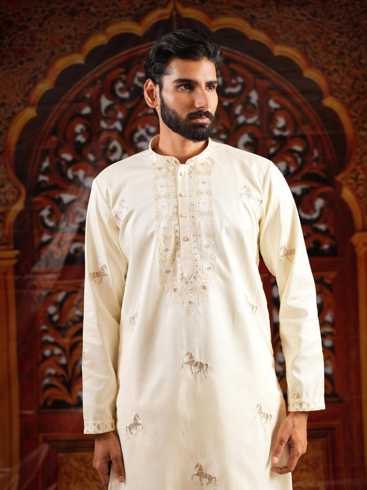 Menβs Ivory Silk Kurta Set with Golden Zari Thread Work