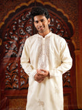 Men’s Ivory Silk Kurta Set with Golden Zari Thread Work