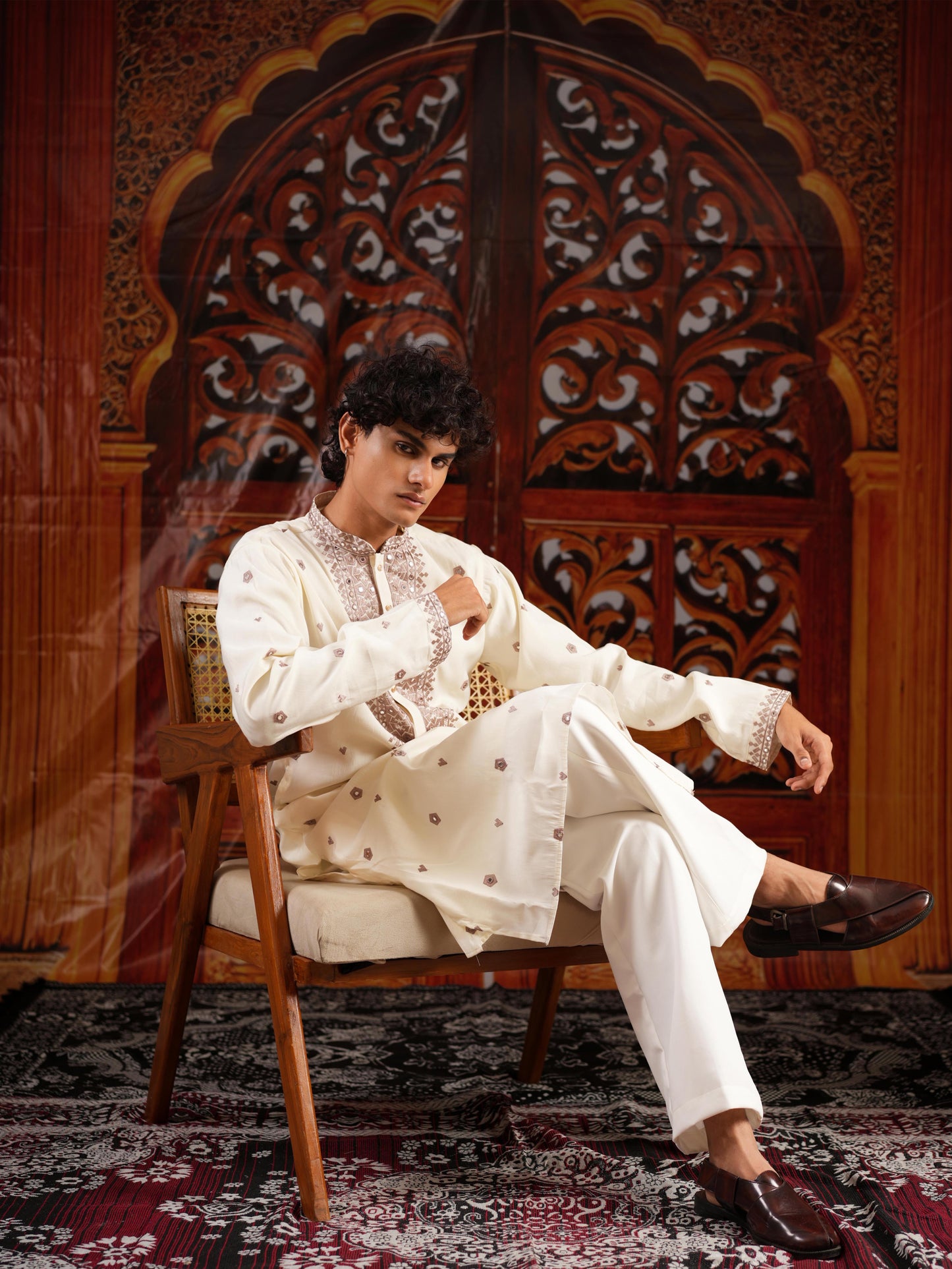 Men’s White Silk Kurta Set with Sequins & Mirror Work Embroidery