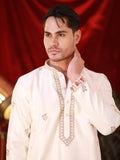 Men's Off-White Silk Kurta Set with Floral Threadwork Embroidery