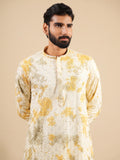 Men's Off White & Yellow Rayon Threadwork Embroidered Kurta Set