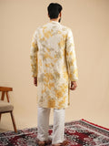 Men's Off White & Yellow Rayon Threadwork Embroidered Kurta Set