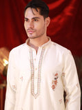 Men's Off-White Silk Kurta Set with Floral Threadwork Embroidery