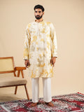 Men's Off White & Yellow Rayon Threadwork Embroidered Kurta Set