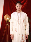 Men's Off-White Silk Kurta Set with Floral Threadwork Embroidery