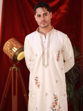Men's Off-White Silk Kurta Set with Floral Threadwork Embroidery