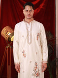 Men's Off-White Silk Kurta Set with Floral Threadwork Embroidery