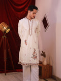 Men's Off-White Silk Kurta Set with Floral Threadwork Embroidery
