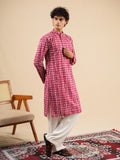 Men's Pink Rayon Threadwork Embroidered Kurta Set