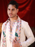 Men's White Linen Satin Kurta Set with Multicolour Embroidery & Georgette Dupatta