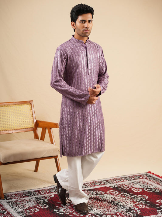 Men's Purple Rayon Kurta with Sequins & Threadwork Embroidery Set