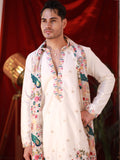 Men's White Linen Satin Kurta Set with Multicolour Embroidery & Georgette Dupatta
