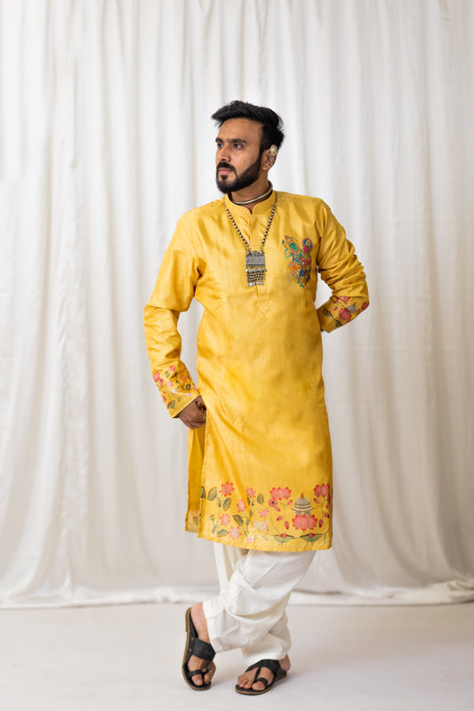 Men's Yellow Silk Digital Print & Foil Work Kurta Set