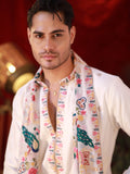 Men's White Linen Satin Kurta Set with Multicolour Embroidery & Georgette Dupatta