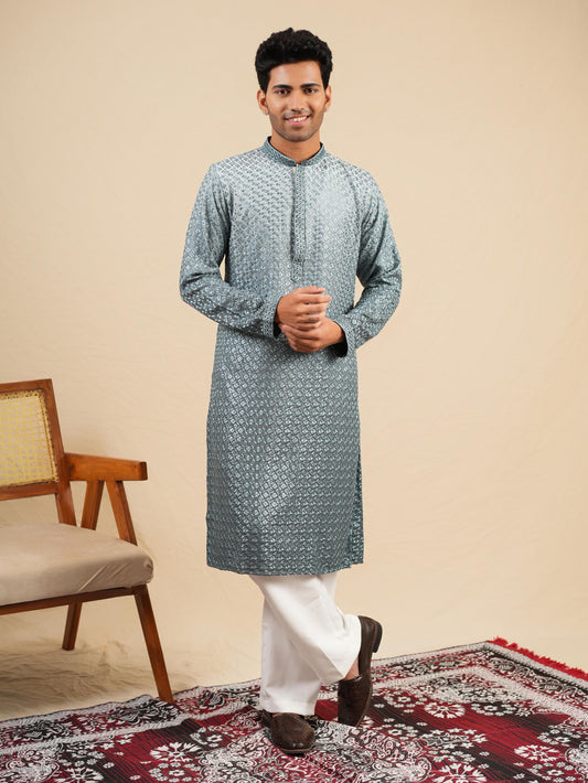 Men's Slate Blue Ombre Rayon Kurta with Sequins & Thread Work Embroidery Set